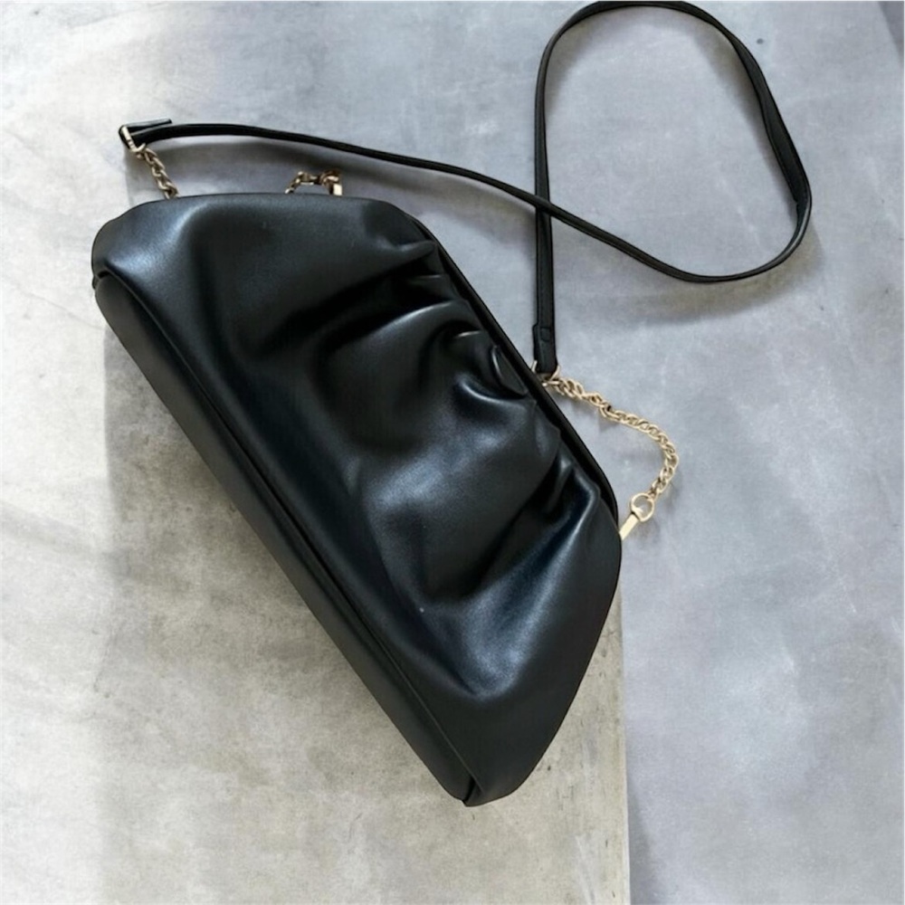 Black Ruched Cloud Clutch Bag Convertible Crossbody Faux Leather Gold Chain